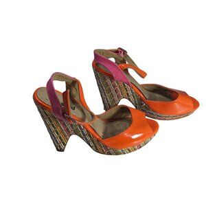 Unlisted by Kenneth Cole Orange Pink Strappy Women's 6.5 Basket Weave Wedge